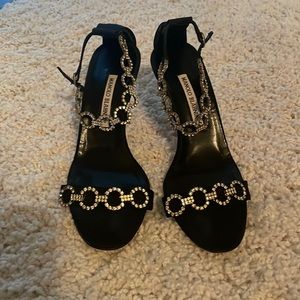 EASTER SALE*GORGEOUS crystal embellished black satin Manolo Blahnik strappy heel